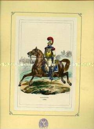 Uniformdarstellung, Karabinier zu Pferd, Frankreich, 1812. Tafel 38 aus: Bellangé: Die Soldaten der französischen Republik und des Kaiserreichs.