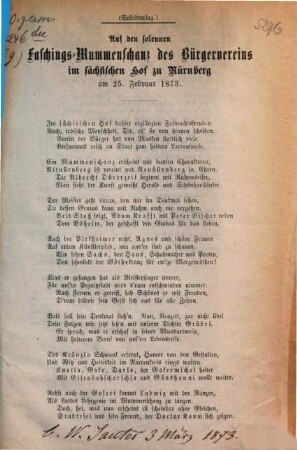 Auf den solennen Faschings-Mummenschanz des Bürgervereins im sächsischen Hof zu Nürnberg am 25. Februar 1873.