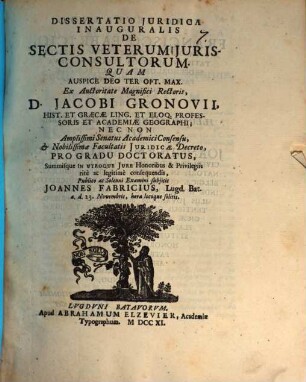 Diss. iur. inaug. de sectis veterum iurisconsultorum
