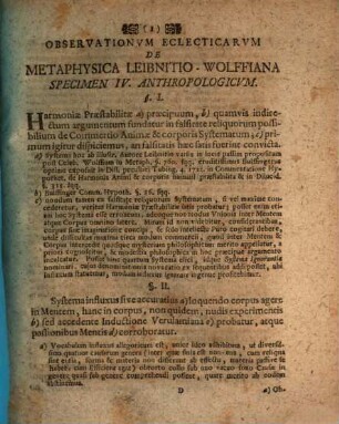 Observationvm Eclecticarvm De Metaphysica Leibnitio-Wolffiana Specimen IV. Anthropologicvm