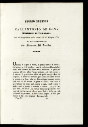 Elogio Funebre Di Carlantonio De Rosa Marchese Di Villarosa letto all' Accademia nella tornata de' 13 Giugno 1847
