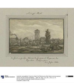 Friedrichs-Stadt. Die Pfeilnersche Ofen Fabrik, die Jerusalemer Kirche, von der (?)icker Feldstraße. im Jahr 1822