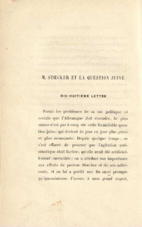 M. Stœcker et la question juive. Dix-huitième lettre