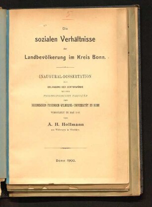 Die sozialen Verhältnisse der Landbevölkerung im Kreis Bonn