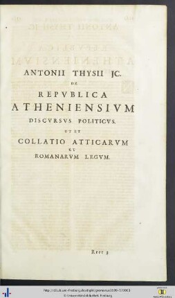 Antonius Thysius: De Republica Atheniensium Discursus Politicus.