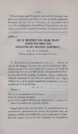 Sur le mouvement d'un solide pesant autour d'un point fixe (application des fonctions elliptiques).