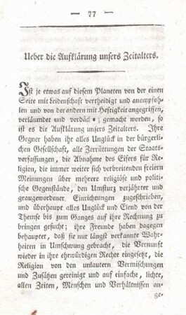 Ueber die Aufklärung unsers Zeitalters.