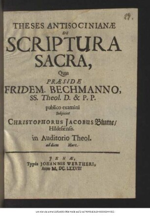 Theses Antisocinianae De Scriptura Sacra