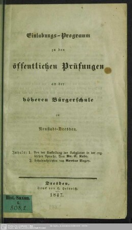 1846/47: Einladungs-Programm zu den öffentlichen Prüfungen an der Höheren Bürgerschule zu Neustadt-Dresden