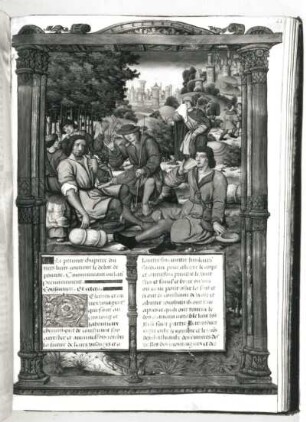 Miniatur und Textseite mit Initiale : Miniatur und Textseite mit Initiale. Pergament; 504 x 347 mm (um 1520). Aus: Boccace, Jehan: Des cas des nobles hommes et femmes. Dresden. SLUB Oc 75, 44r