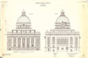 Mellinger, Ludwig von; München; Armeemuseum - Neubau, Mittelbau, Ost - u. Westseite (Ansichten)