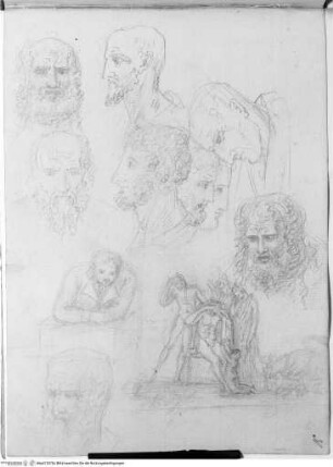 Skizzenbuch, Sieben Kopfstudien; Portraitstudie eines jungen Mannes an einem Tisch sitzend; Gruppe von Klagenden