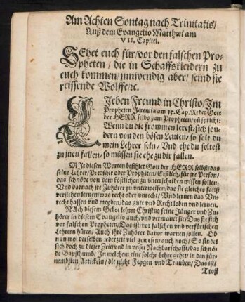 Am Achten Sontag nach Trinitatis/ Auß dem Evangelio Matthaei am VII. Capitel.