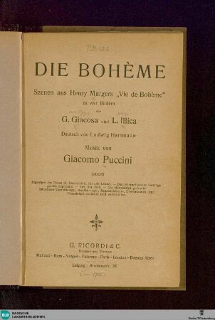 Die Bohème : Scenen aus Henry Murgers "Vie de Bohème" in vier Bildern