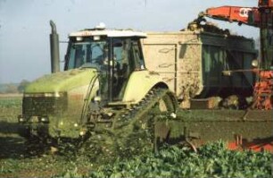 Fotografie: Raupentraktor, Gummiraupenlaufwerk, Parallelverfahren, Zuckerrübenköpfrodelader selbstfahrend, Be- und Entladen