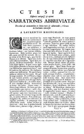 Ctesiæ Historici antiquiss. optimi Narrationes Abbreviatæ De rebus & animantibus in India raris & admirandis, è Græco in Latinum conversæ A Laurentio Rhodomano.