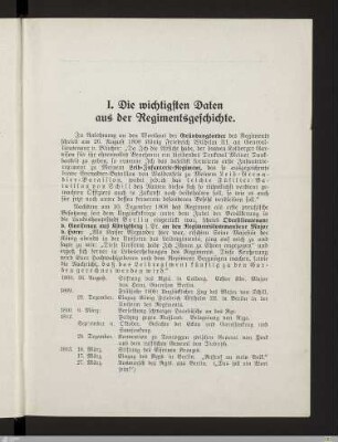 I. Die wichtigsten Daten aus der Regimentsgeschichte