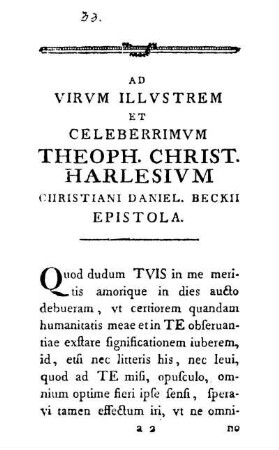 Ad Virvm Illvstrem Et Celeberrimvm Theoph. Christ. Harlesivm Christiani Daniel. Beckii Epistola.