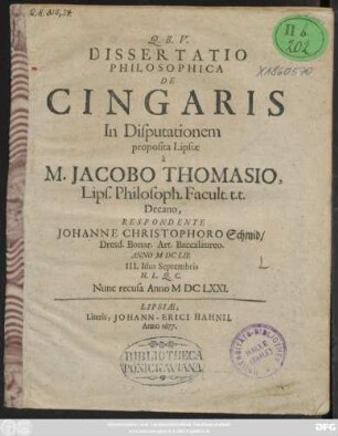 Dissertatio Philosophica De Cingaris