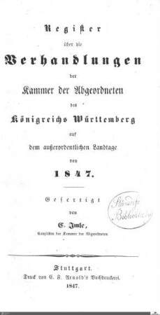 1,14: Landtag Württemberg - Kammer 2, Register 1847