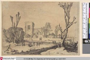 [Winterlandschaft mit Schlittschuhläufern vor einer Kirche; Winterscene: Skaters before a Church and a Village]