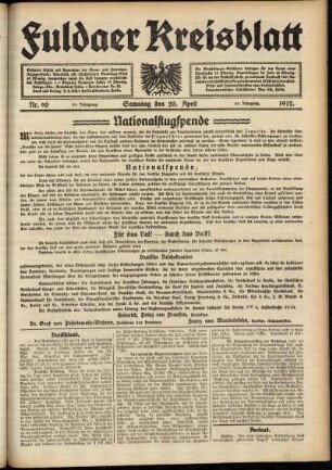 Erste Ausgabe vom Samstag, den 20. April 1912.