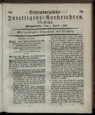 XIII. Stück. Sonnabends: den 1. April, 1786.