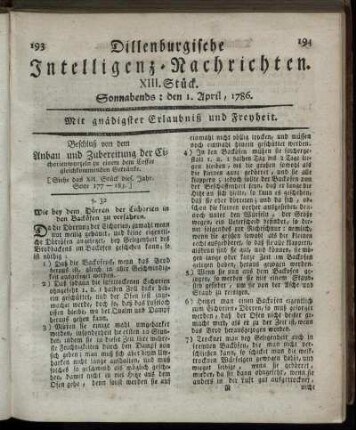 XIII. Stück. Sonnabends: den 1. April, 1786.