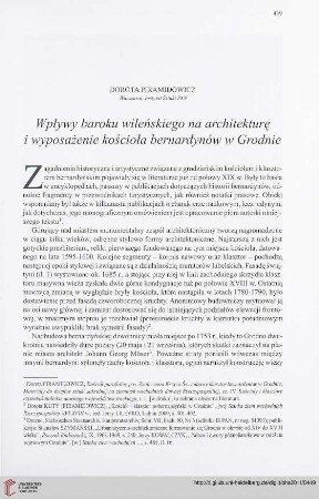 73: Wpływy baroku wileńskiego na architekturę i wyposażenie kościoła bernardynów w Grodnie