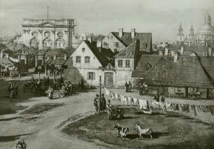Warschau, Eiserner-Tor-Platz (links Rokoko-Palais der Familie Wielopolski, später den Fürsten Radziwill und Lubomirski gehörend, ganz rechts die Kuppel der klassizistischen, protestantischen Kirche)