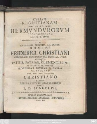 29: Cvriam Regnitianam Non. Nvllo. Ivre Hermvndvrorvm Cognominandam Disserit ...