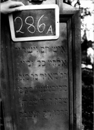 Grabstein 286 (Index: 100112044) Material: Sandstein Zustand: leicht verwittert Maße HxBxT: 137x45x20 cm Beschreibung: Stele, profilierter Sockel, Abschluß: Sonderform, rechteckiges Schriftfeld eingetieft Symbolik: Blüte: Grabstein 286A