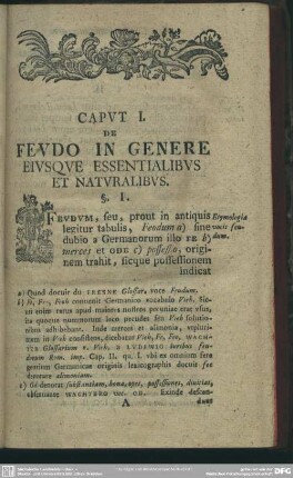 Caput I. De Feudo In Genere Eiusque Essentialibus Et Naturalibus