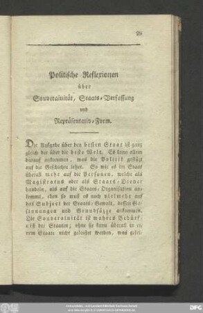 Politische Reflexionen über Souverainität, Staats-Verfassung und Repräsentativ-Form.