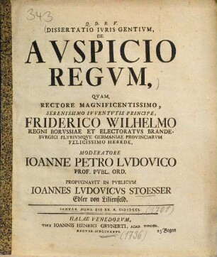 Dissertatio Ivris Gentivm De Avspicio Regvm