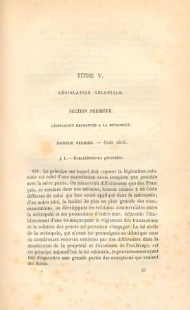 Titre V. Législation coloniale