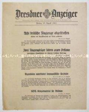 Nachrichtenblatt "Dresdner Anzeiger" u.a. zu einem britischen Luftangriff gegen Berlin