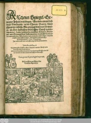 AEtzenei Spiegel/ Ge=||meyner Jnhalt derselbigen/ Wes bede einem Leib || vnnd Wundtartzt/ in der Theoric/ Practic/ vnnd || Chirurgei zůsteht. Mit anzeyge bewerter Artznei=||en/ zů allen leiblichen Gebrechen ... || Hie beuor durch D. Ioan. Dryandrum,|| Jtzt widerumb/ mit verbesserung/ inn Truck verordnet.|| ... ||
