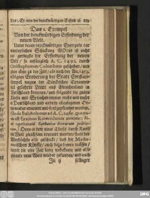 Das 1. Exempel Von der denckwürdigen Erfindung der neuen Welt.