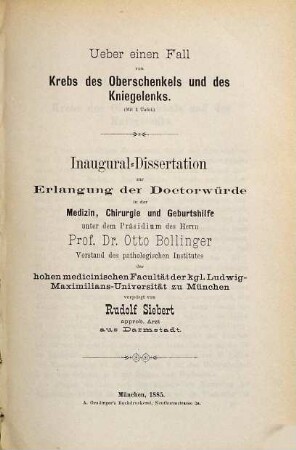 Ueber einen Fall von Krebs des Oberschenkels und des Kniegelenks : (Mit 1 Tafel.) (Inaugural-Dissertation.)