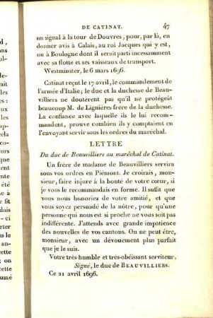 [Briefe und Text]. Lettre Du Duc de Beauvilliers au maréchal de Catinat. Lettre De la duchesse de Beauvilliers à Catinat.