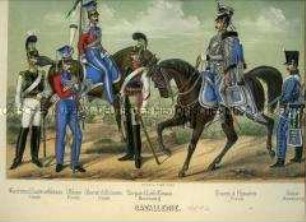 Uniformdarstellung, Wachtmeister in Paradeuniform, K III, Ulan in Paradeuniform, Ulanoberst in Paradeuniform zu Pferd, Korporal in Marschanzug, K II, Husarenoberst zu Pferd in Paradeuniform, Husar im Marschanzug, 1812. Im Buch: Hauthal: Geschichte der Sächsischen Armee in Wort und Bild.