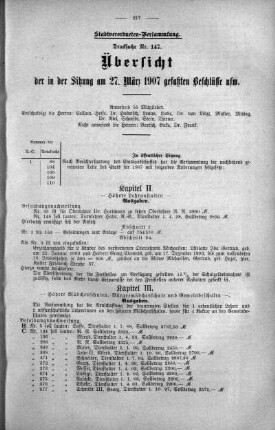 Übersicht der in der Sitzung gefaßten Beschlüsse u.s.w. (147.), 27. März 1907