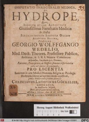 Disputatio Inauguralis Medica, De Hydrope