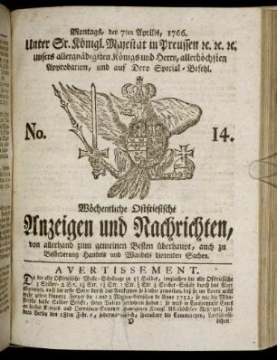 No. 14. Montags, den 7ten Aprilis, 1766.