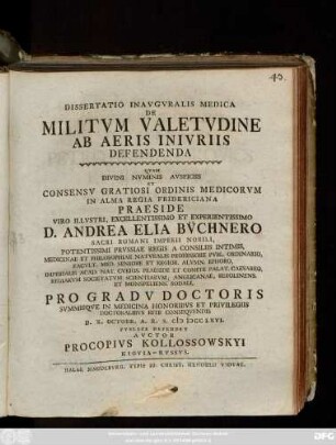 Dissertatio Inavgvralis Medica De Militvm Valetvdine Ab Aeris Inivriis Defendenda