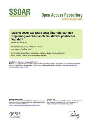 Mexiko 2000: das Ende einer Ära; folgt auf den Regierungswechsel auch ein stabiler politischer Wandel?