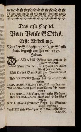 1-18, Das erste Capitel. Vom Volcke Gottes. Das zweyte Capitel. Von der Assyrischen Monarchie. Das dritte Capitel. Von der Persischen Monarchie. Das vierdte Capitel. Von der Griechischen Monarchie. Das fünffte Capitel. Von der Römischen Monarchie.