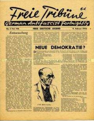 Mitteilungsblatt der Jugendorganisation der deutschen Emigranten in Großbritannien "Freie Tribüne" u.a. zu den Kommunalwahlen in der Amerikanischen Besatzungszone