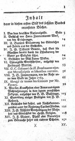 Inhalt derer in diesem ersten Stük des sechsten Bandes recensirten Bücher.